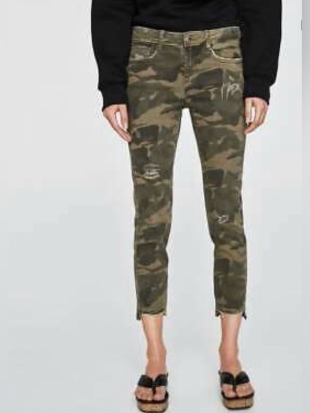 Zara Women’s Green Camo Distressed Low Rise Skinny Denim Jeans, 25X27, Sz 4